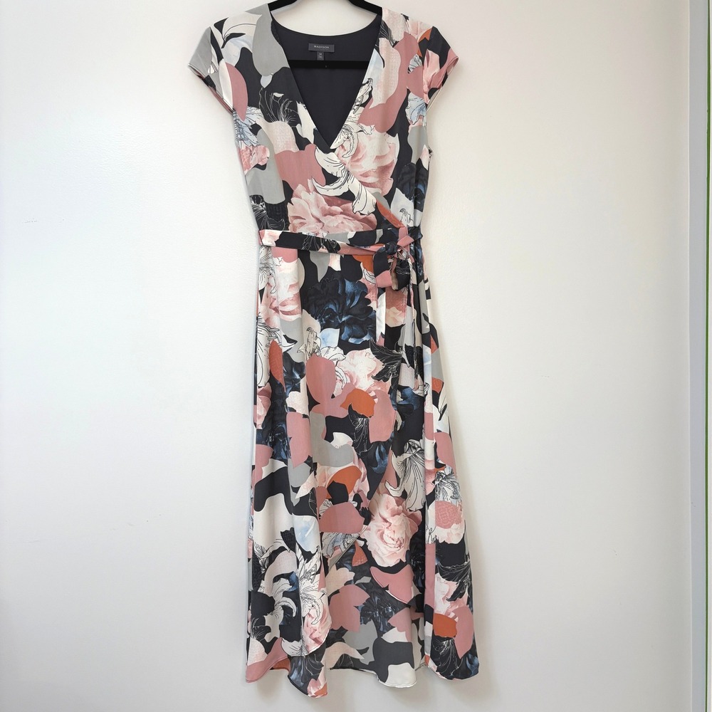 Madison Floral Print Faux‎ Wrap Dress High Low Womens Medium